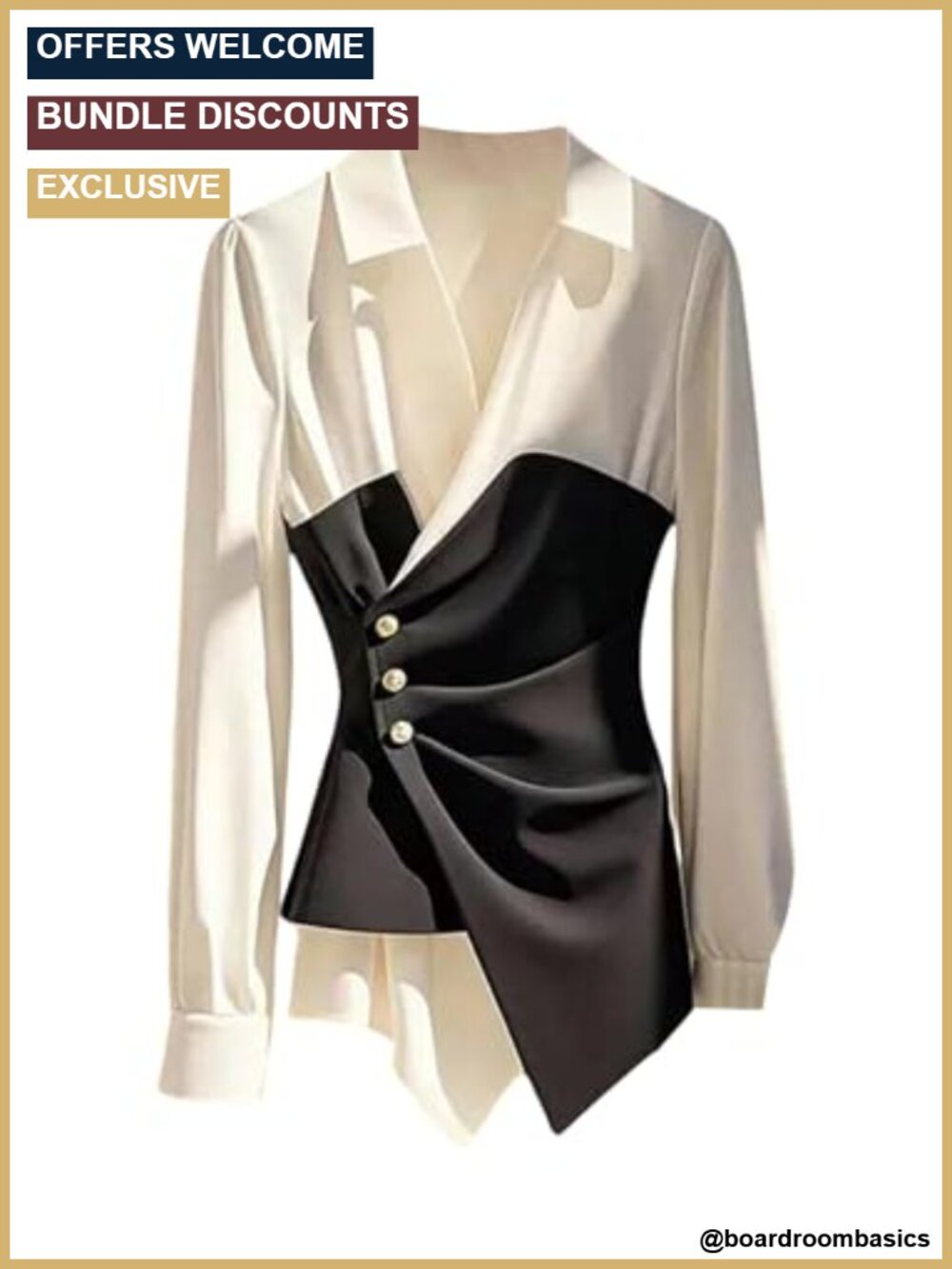 Long Sleeve Wrap Blouse Asymmetrical Pearl Button Business Casual Women's Top